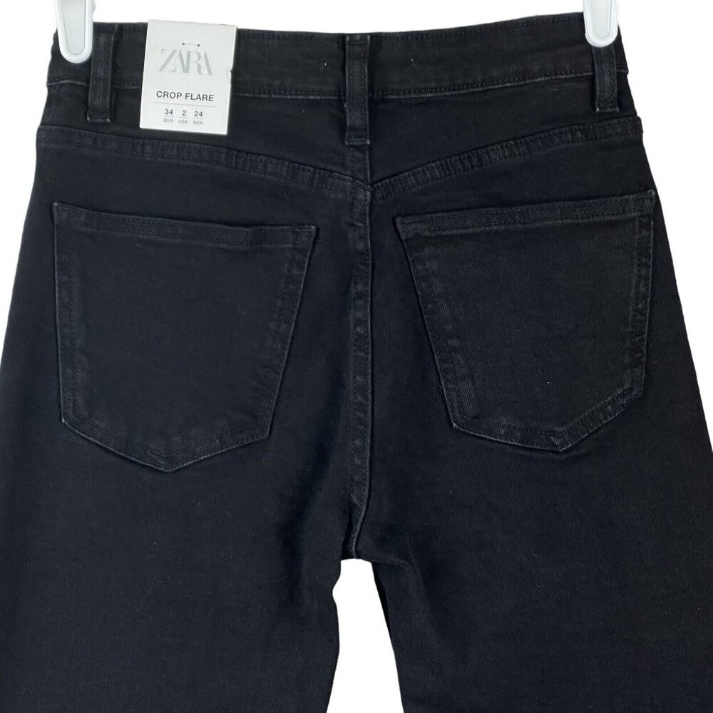 NWT ZARA Women Black Denim Cropped Jeans Sz 2 Flare Leg Mid Rise Raw Hem Stretch - Picture 4 of 11